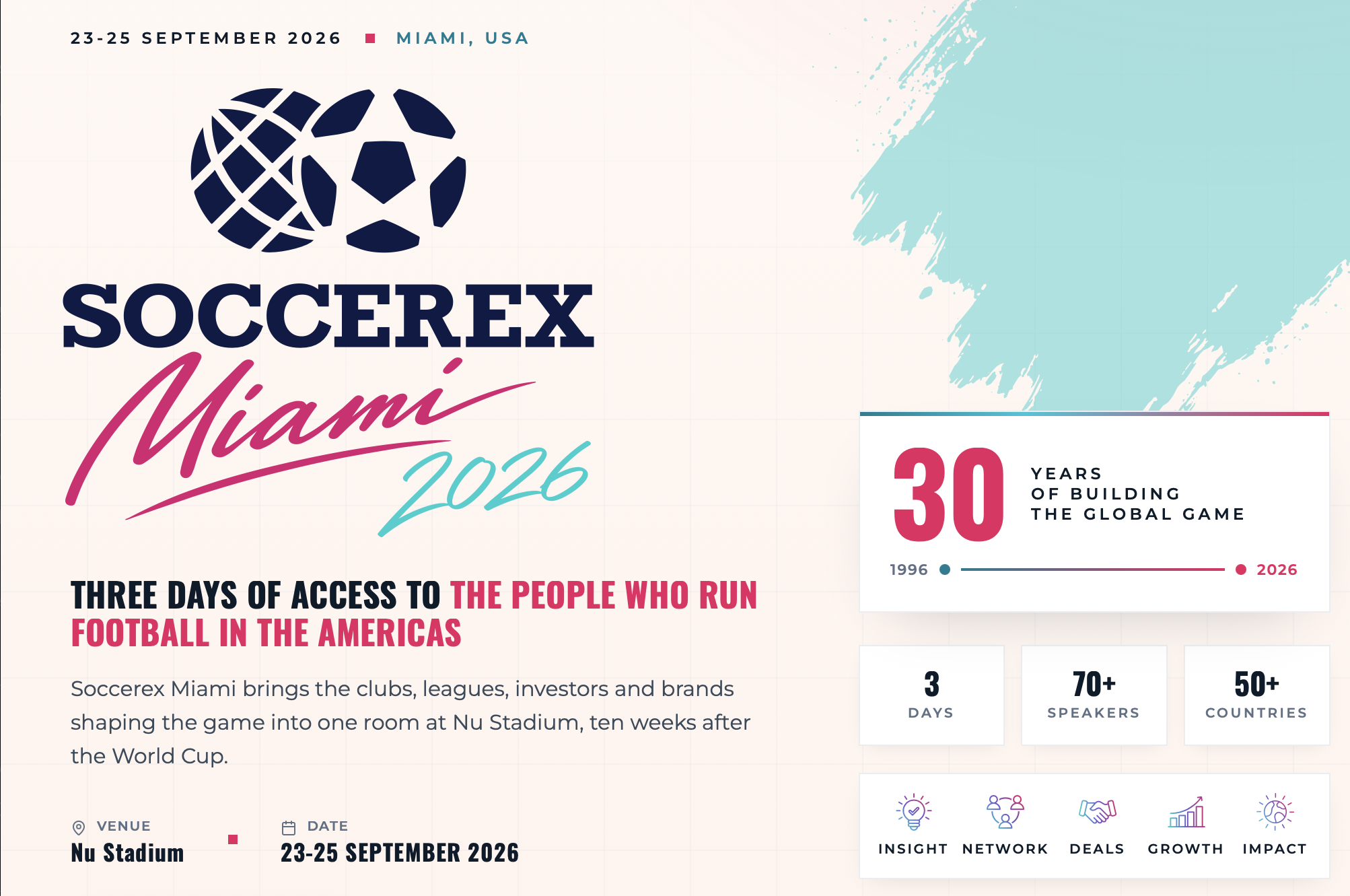 Official Soccerex Miami 2026 event information: September 23–25 at Nu Stadium.