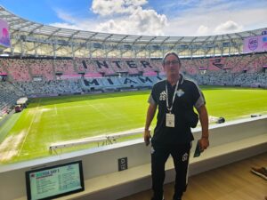 Oscar Silveira representing Uruguayan Soccer Club at Soccerex Miami 2026 inside Nu Stadium.