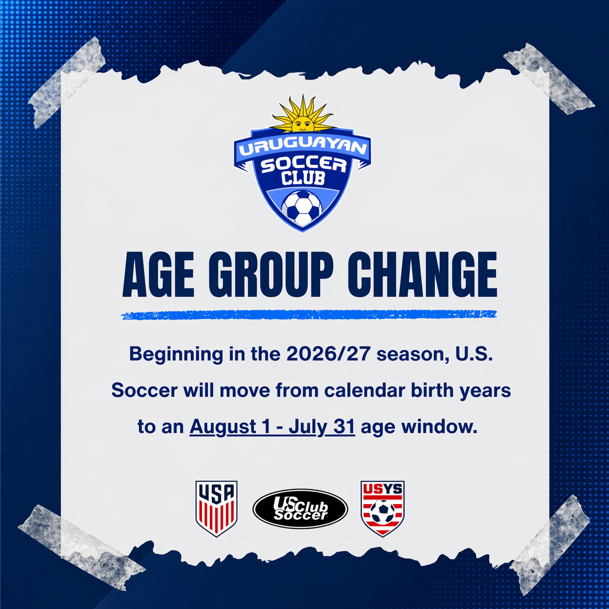 2026/27 age group change from calendar birth years to an August 1 through July 31 window